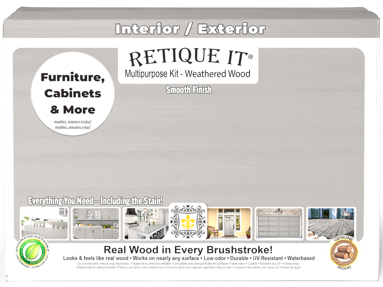 Large Weathered Wood Multi-purpose Smooth Finish Kit by Retique It® for exterior wood top coating, includes application tools and instructions.