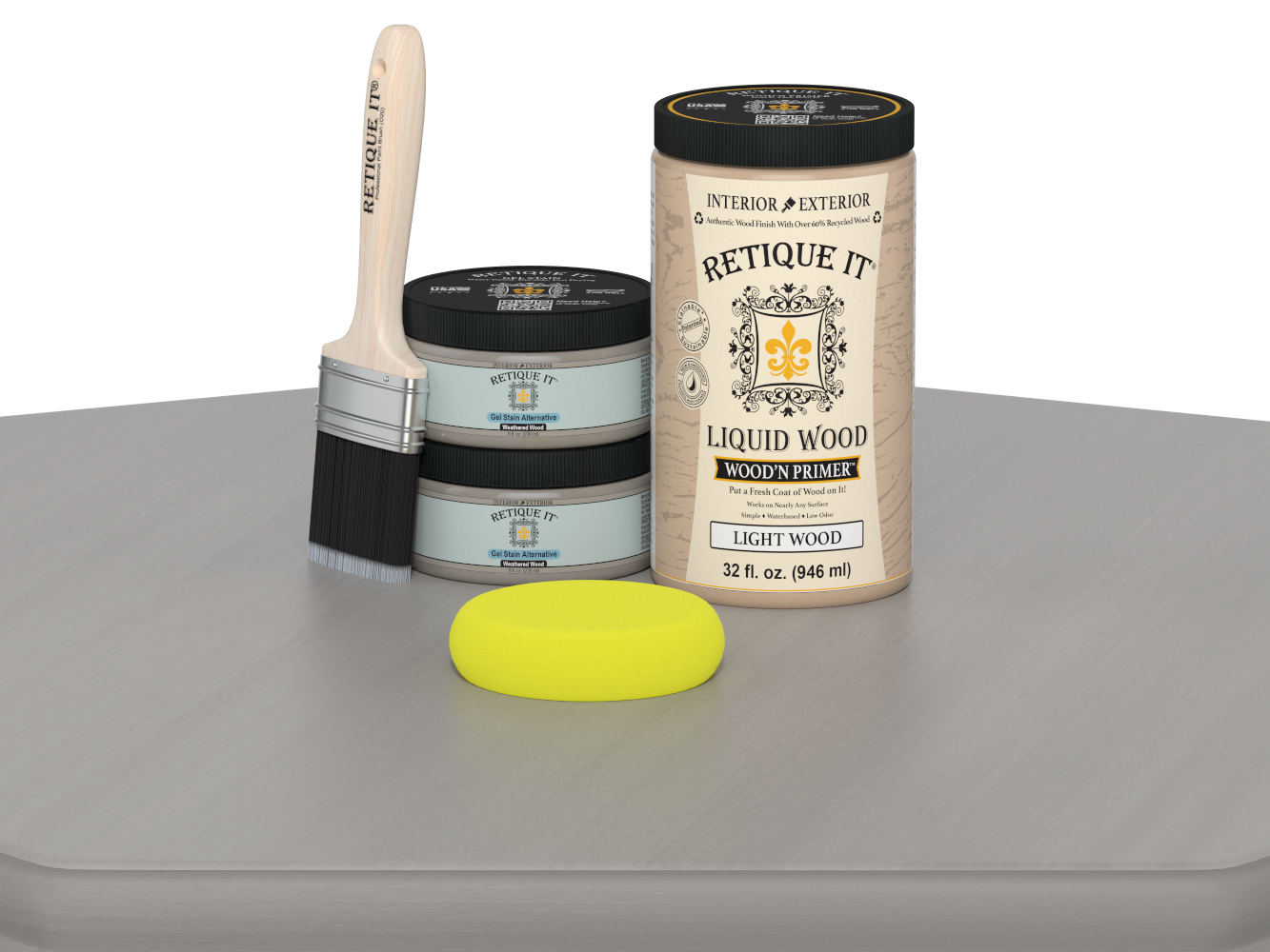 Weathered wood stain kit by Retique It® for cabinets, featuring 12 smooth door panels with a weathered wood finish.
