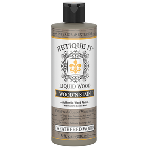 Retique It Liquid Wood Wood'n Stain in Weathered Wood, 8 oz, showing the stain applied to a wooden surface.