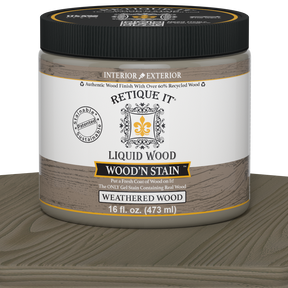 Retique It Liquid Wood Wood'n Stain in Weathered Wood, 16 oz, showcasing the stain's texture and weathered wood finish.