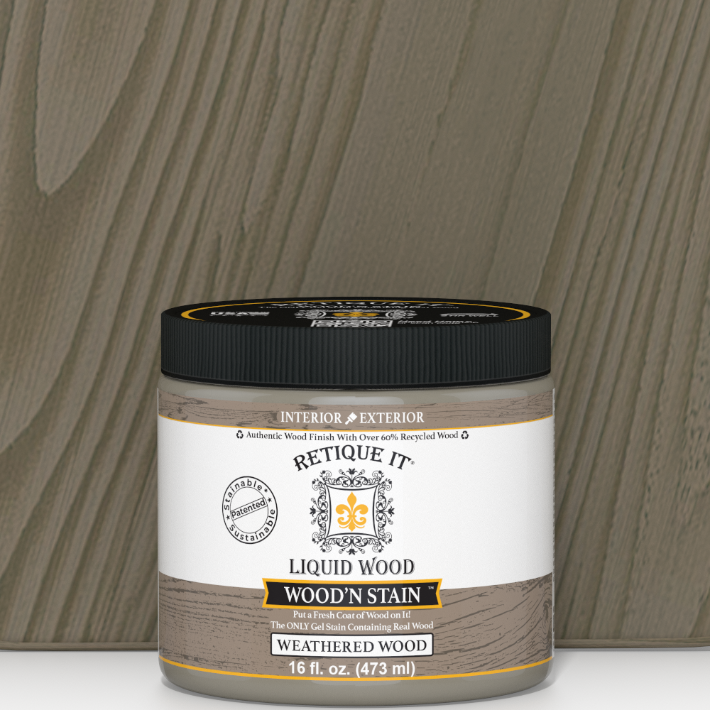 Retique It Liquid Wood Wood'n Stain in Weathered Wood, 16 oz, showing the stain applied to wood surface with weathered finish.