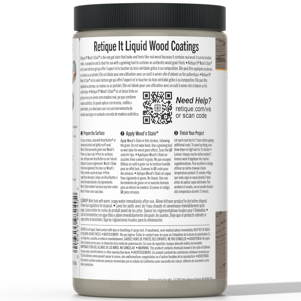 Retique It Liquid Wood Wood'n Stain in Weathered Wood, 32 oz bottle, showing the stain's weathered wood color and smooth liquid consistency.