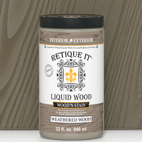Retique It Liquid Wood Wood'n Stain in Weathered Wood, 32 oz bottle showing the weathered wood stain color and packaging.