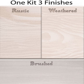 Retique It® Wood'n Kit in White Wash showing four large interior top coat finish swatches on wood surfaces.