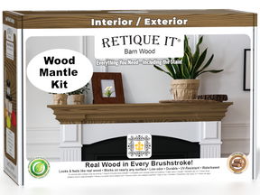 Retique It® Wood'n Finish Kit for modern walnut fireplace mantel, featuring stain bottles and application tools for wood finishing.