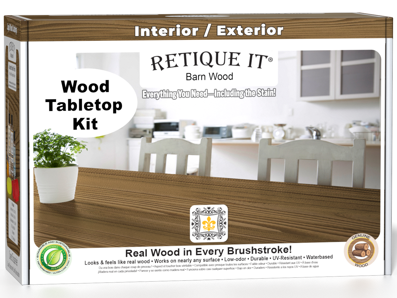 Retique It® Wood'n Finish Kit in Modern Walnut for tabletops, showing stained wood surface with natural wood grain detail.