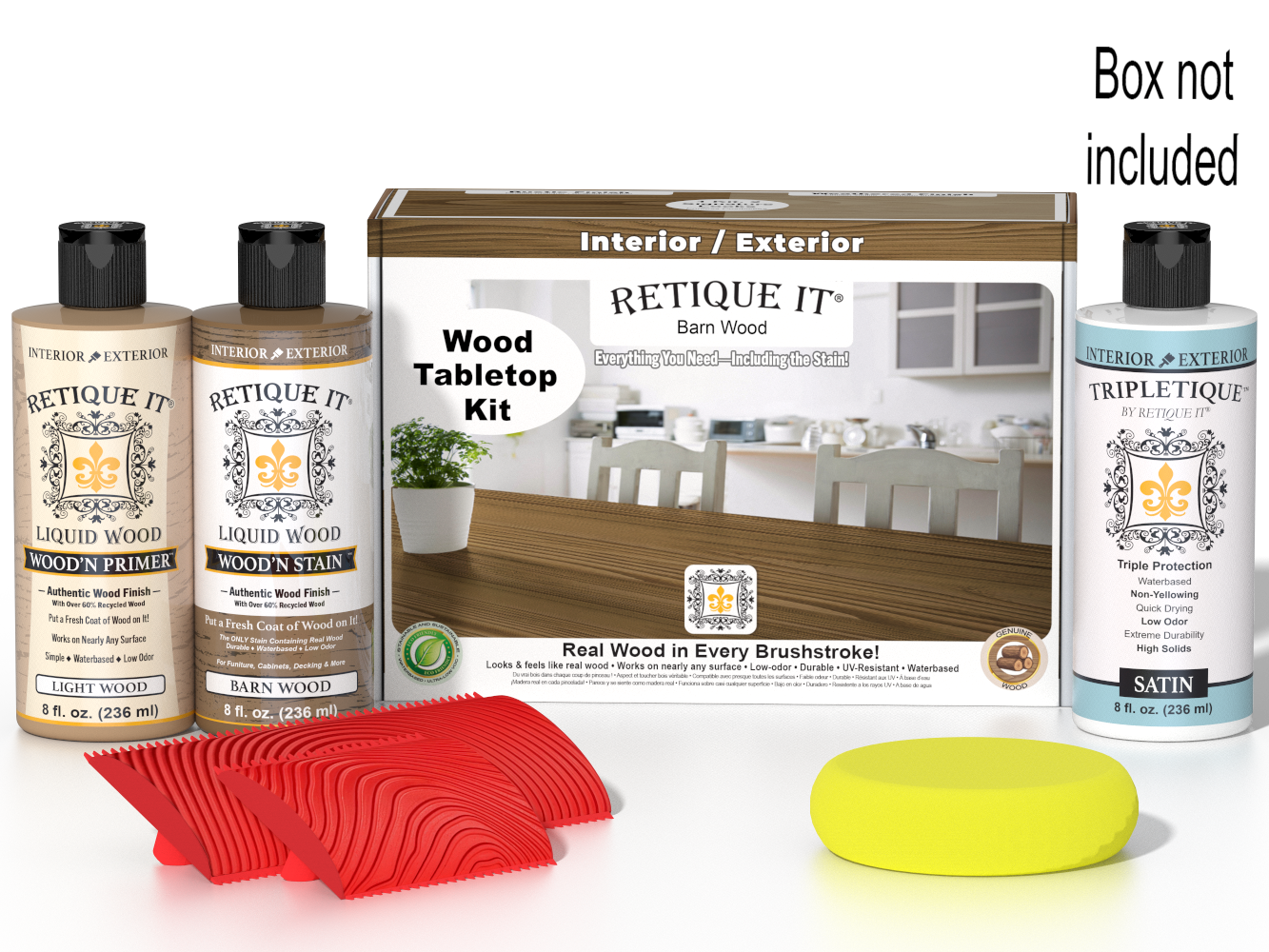 Retique It® Wood'n Finish Kit for tabletops in modern walnut stain, featuring wood stain and finishing supplies for wood projects.