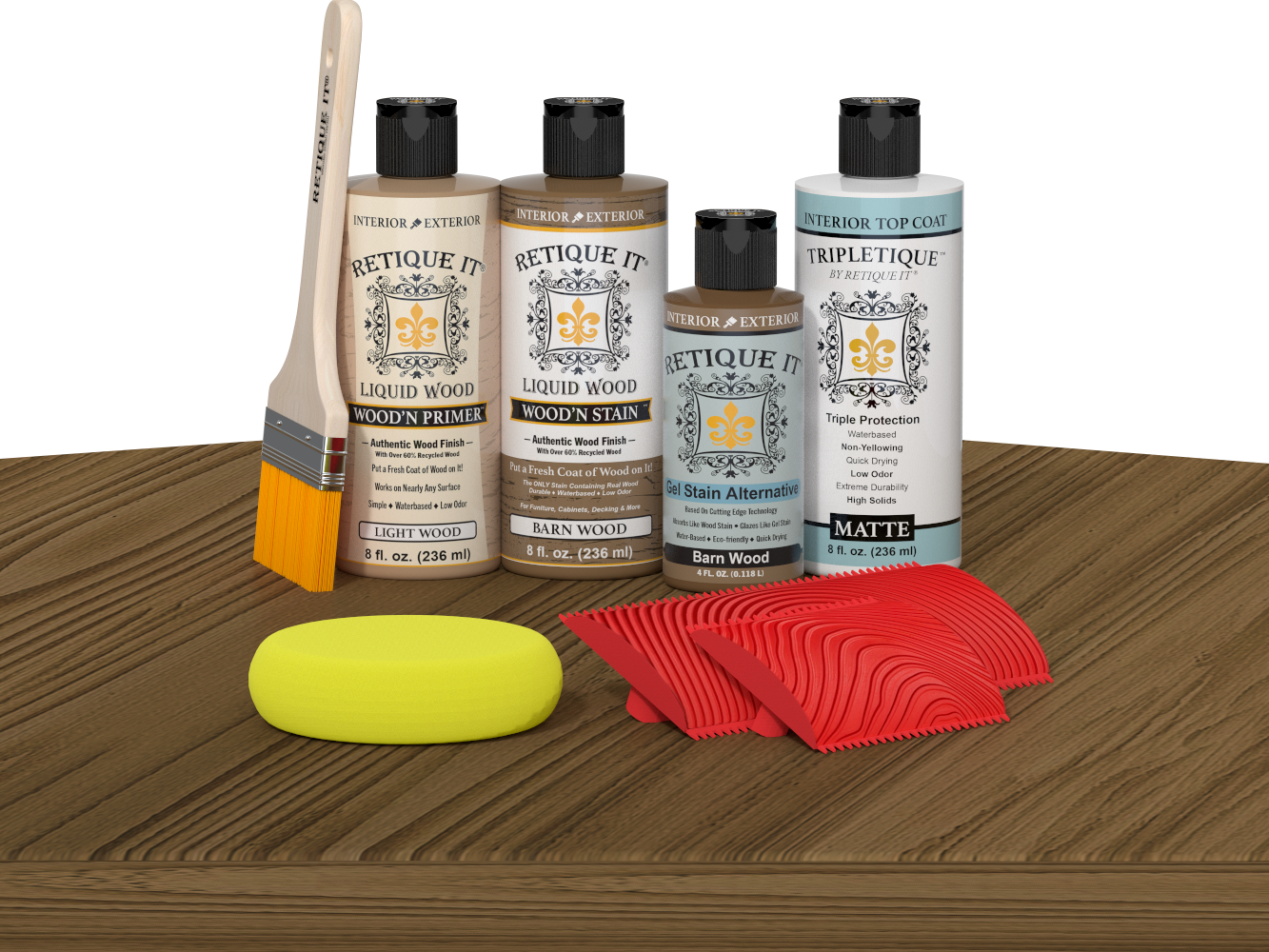 Retique It® Barn Wood Wood'n Kit with Light Wood primer, Barn Wood stain, Barn Wood gel stain alternative, Matte Tripletique® Top Coat, brush, red graining tool, and yellow sponge.