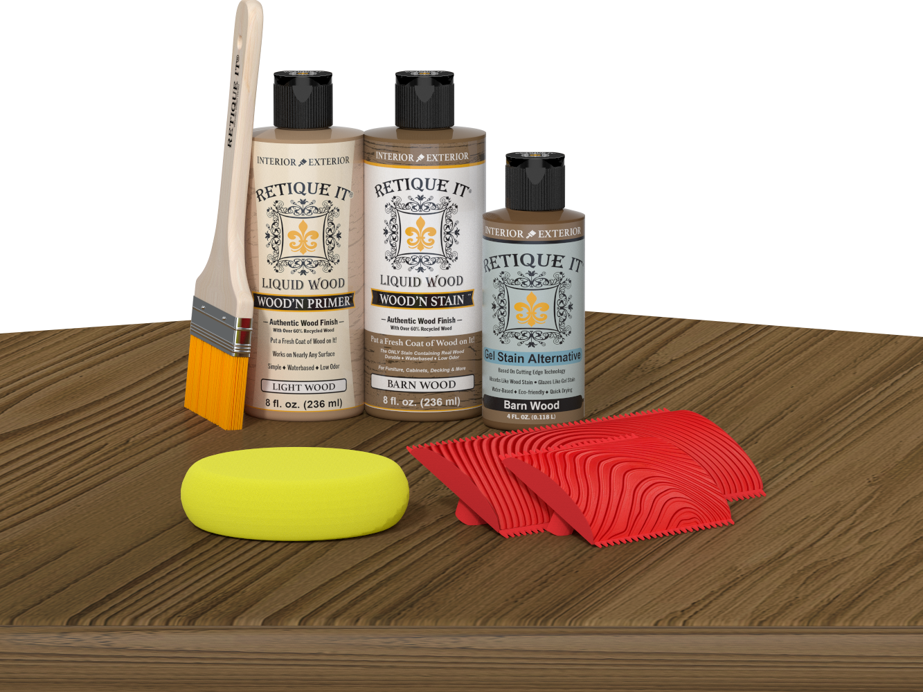 Retique It® Wood'n Finish Kit in Barn Wood on table, showcasing multi-purpose wood finishing kit with rustic wood appearance.