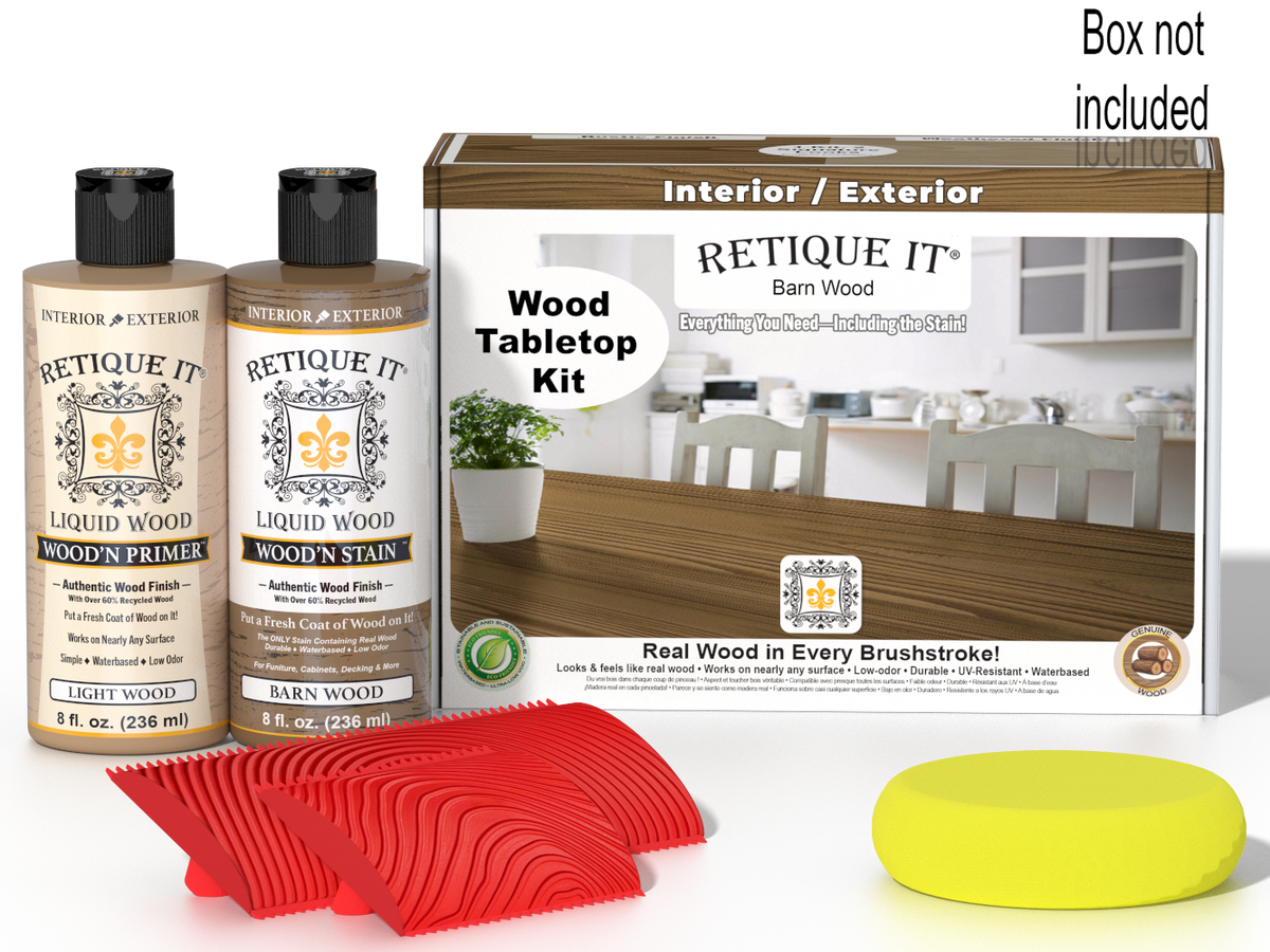 Retique It® Wood'n Finish Kit in Modern Walnut stain, showing a wooden tabletop with rich walnut finish and smooth surface.