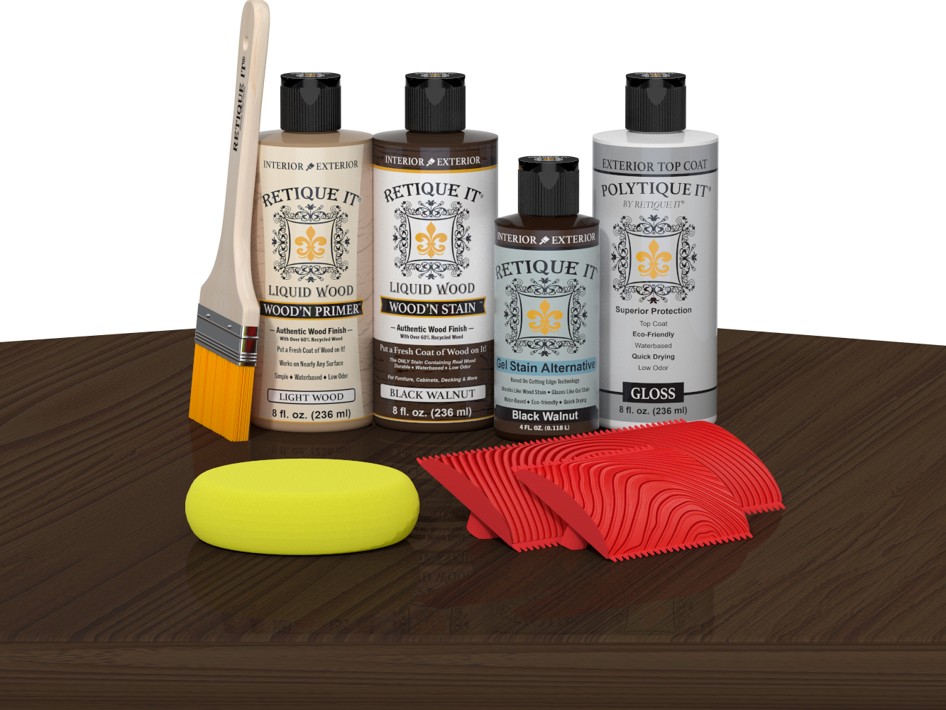 Black Walnut Wood'n Finish Kit by Retique It® with exterior top coat, displayed on a table with wood finish tools and supplies.