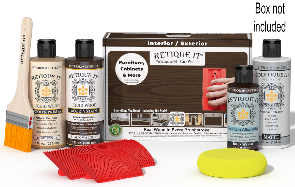 Retique It® Wood'n Kit in Black Walnut for exterior wood finishing, including top coat and application tools, displayed in box.