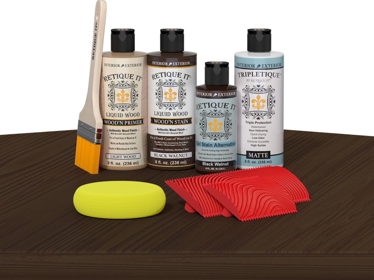 Black Walnut Wood'n Finish Kit by Retique It® with Interior Top Coat on table, showcasing multi-purpose wood finishing product.
