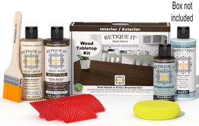 Retique It® Wood'n Finish Kit in Black Walnut stain, featuring the stains and tools for tabletop wood finishing.