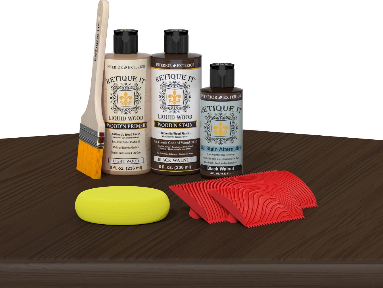Black Walnut Wood'n Finish Kit from Retique It® on table, multi-purpose wood finishing set with tools and products for wood projects.