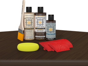 Black Walnut Wood'n Finish Kit from Retique It® on table, multi-purpose wood finishing set with tools and products for wood projects.