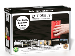 Retique It® Wood'n Finish Kit in Classic Black for exterior wood surfaces, includes top coat and application tools in a box.