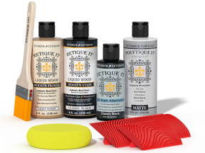 Retique It® Wood'n Finish Kit in Classic Black for exterior top coat, showing wood surface with black finish and application tools.