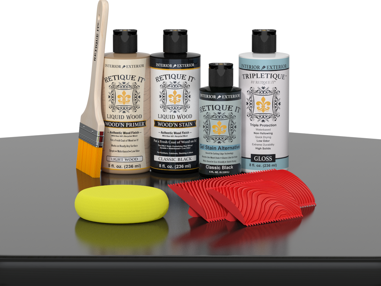 Retique It® Wood'n Finish Kit in Classic Black, interior top coat applied to wood surface, showing a sleek black finish on a table.