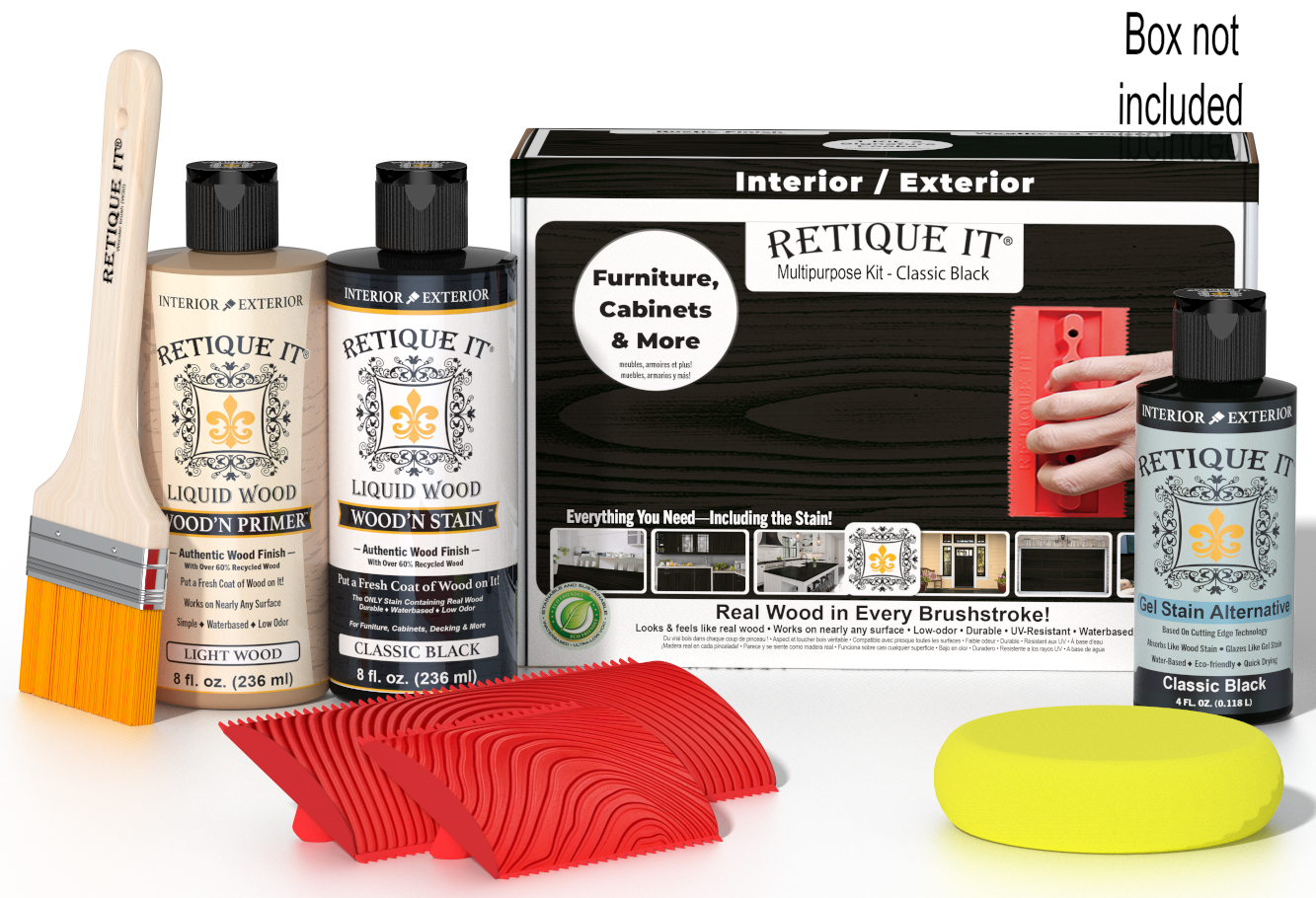 Retique It® Wood'n Kit Classic Black finish set with brushes and instructions for multi-purpose wood finishing.