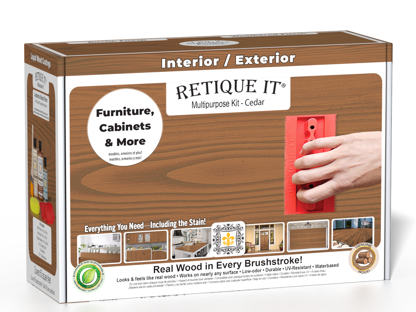 Retique It® Wood'n Finish Kit in Cedar for exterior wood projects, including top coat and application tools in a boxed set.