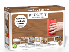 Retique It® Wood'n Finish Kit in Cedar for exterior wood projects, including top coat and application tools in a boxed set.