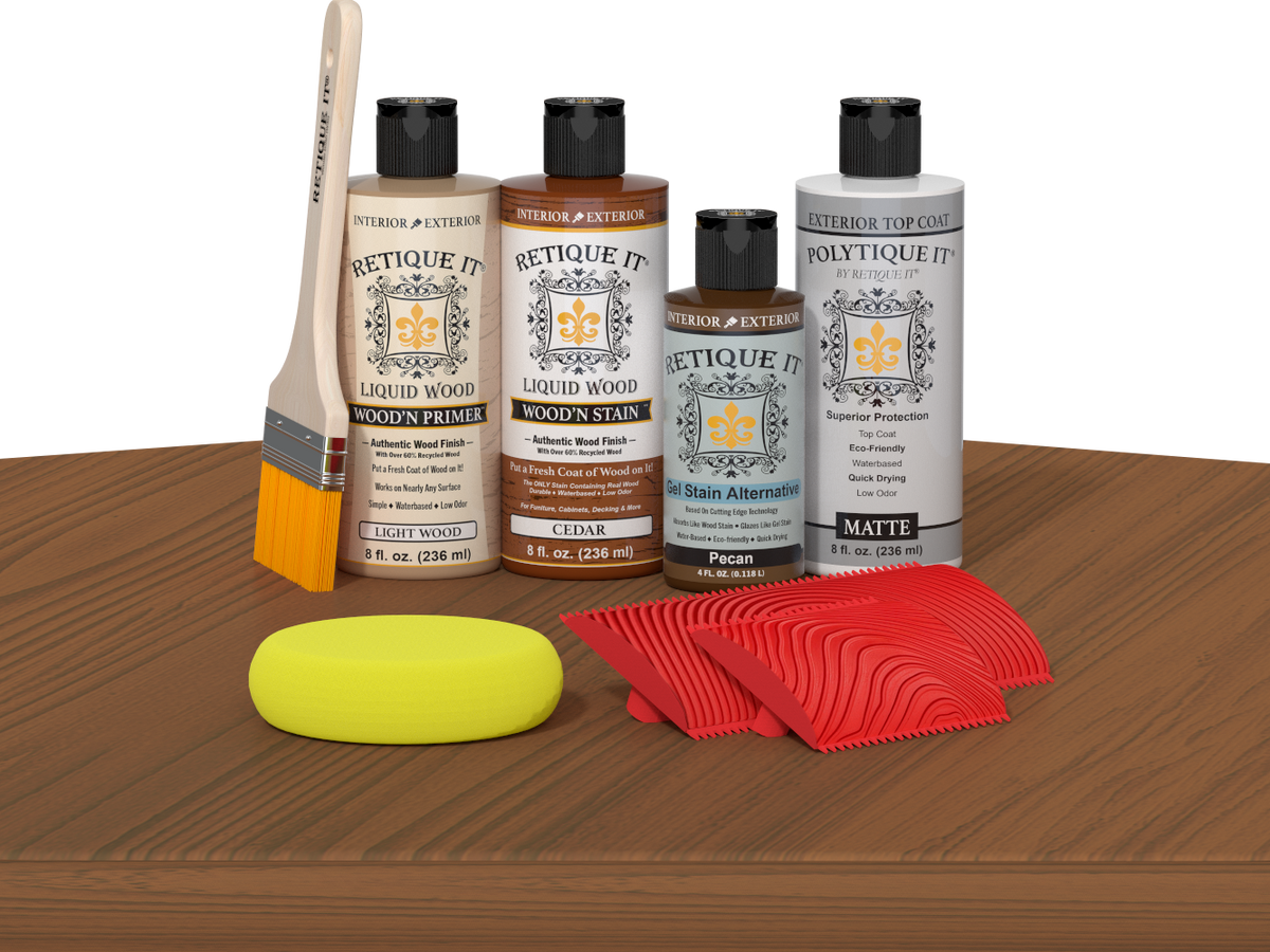 Multi-purpose Cedar Wood'n Finish Kit by Retique It® with exterior top coat on a table, showing kit components and cedar wood samples.