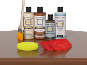 Retique It® Wood'n Finish Kit in Cedar for interior top coat, showing a table with wood finish application and kit components.
