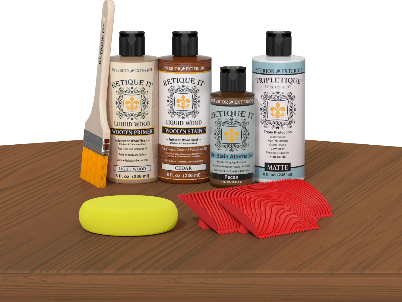 Retique It® Wood'n Finish Kit in Cedar stain displayed on a tabletop, showcasing natural wood finish and stain application.
