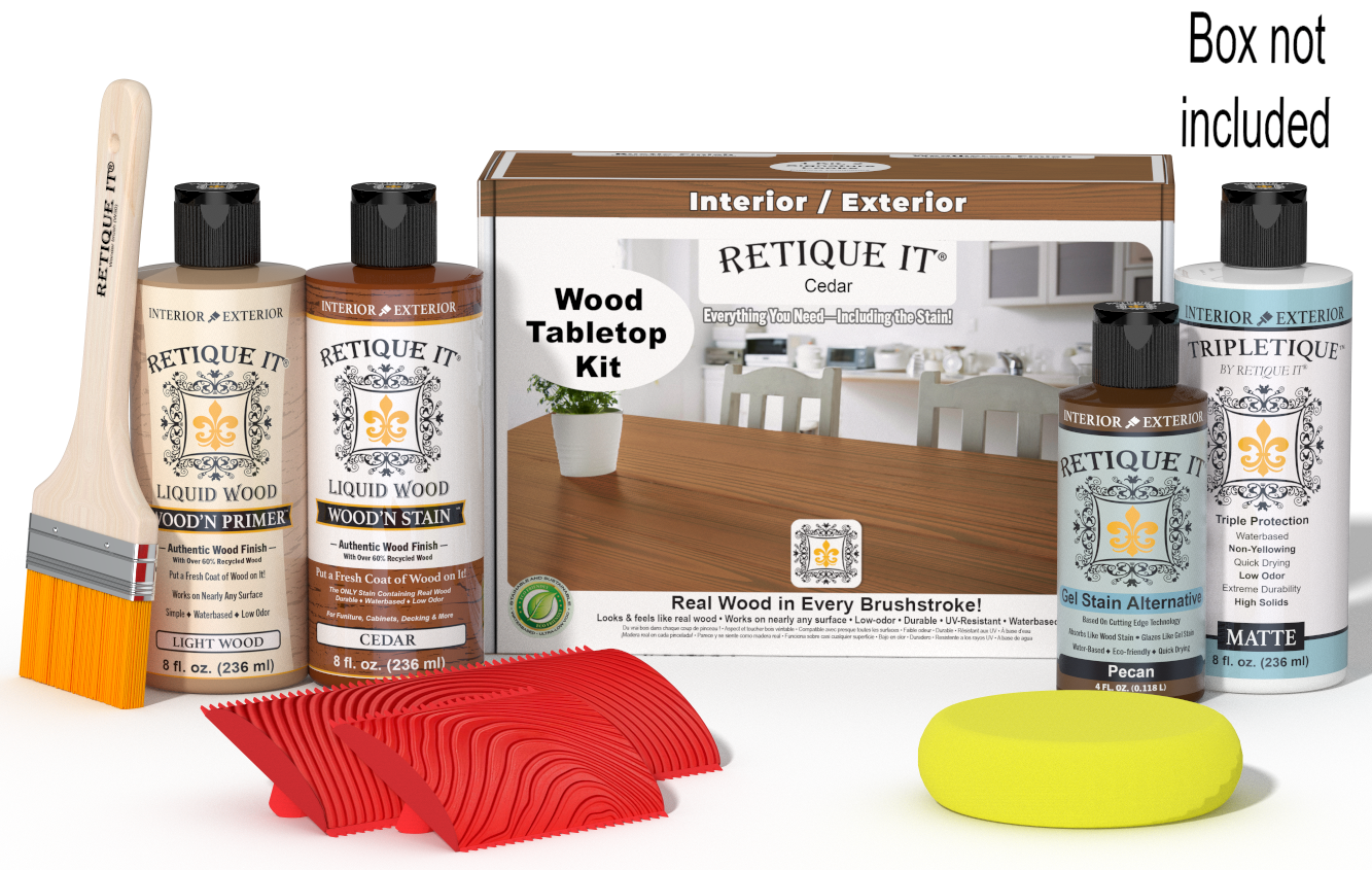Retique It® Wood'n Finish Kit in Cedar for tabletops, includes stain bottles and application tools for wood finishing projects.