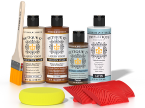 Retique It® Wood'n Kit Cedar interior top coat with natural wood finish and multi-purpose wood finishing tools.