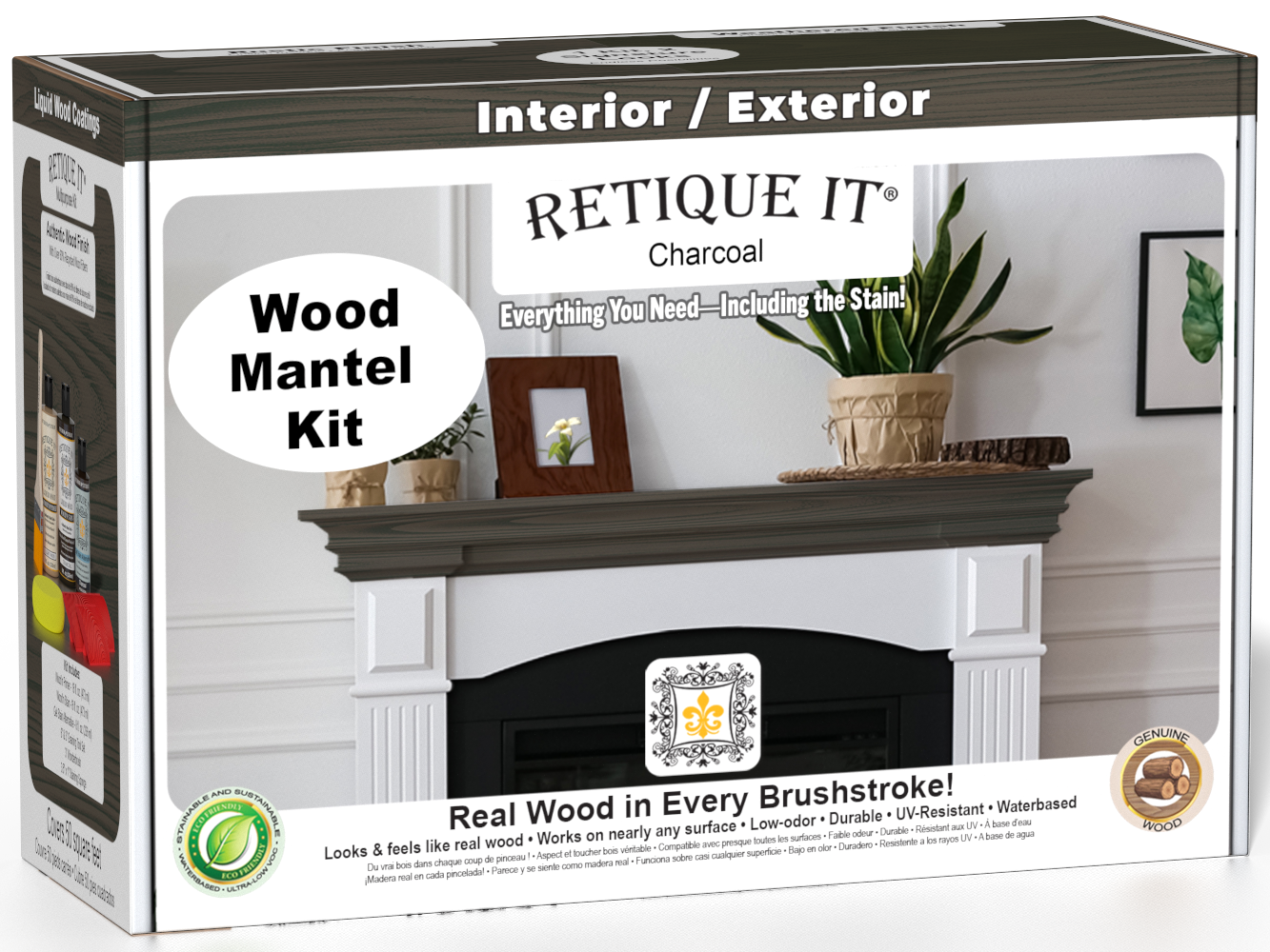 Retique It® Wood'n Finish Kit for fireplace mantels in charcoal stain, includes wood stain and finishing supplies.