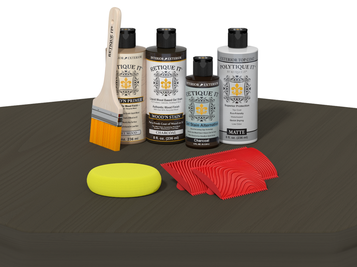 Retique It® Wood'n Finish Kit in charcoal for exterior wood projects, shown on a table with tools and wood surface.