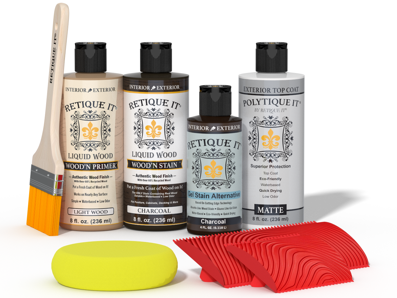 Retique It® Wood'n Finish Kit in charcoal for exterior wood projects, featuring multi-purpose top coat and application tools.