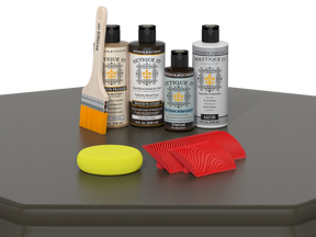 Retique It® Wood'n Finish Kit in charcoal for exterior wood projects, shown with a wooden table top coated with the product.