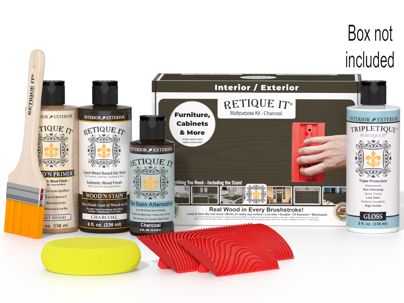 Retique It® Wood'n Finish Kit in charcoal, interior top coat for wood surfaces, shown in the box with application tools.