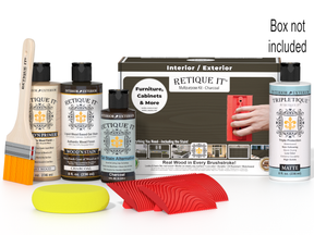 Retique It® Wood'n Finish Kit in Charcoal for interior wood projects, includes top coat and application accessories.