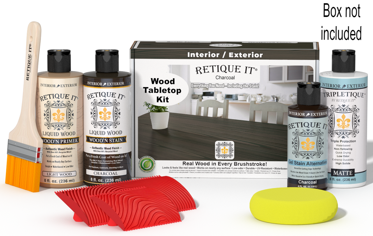 Retique It® Wood'n Finish Kit in Charcoal for tabletops, showing stain bottles and application tools on a wooden surface.