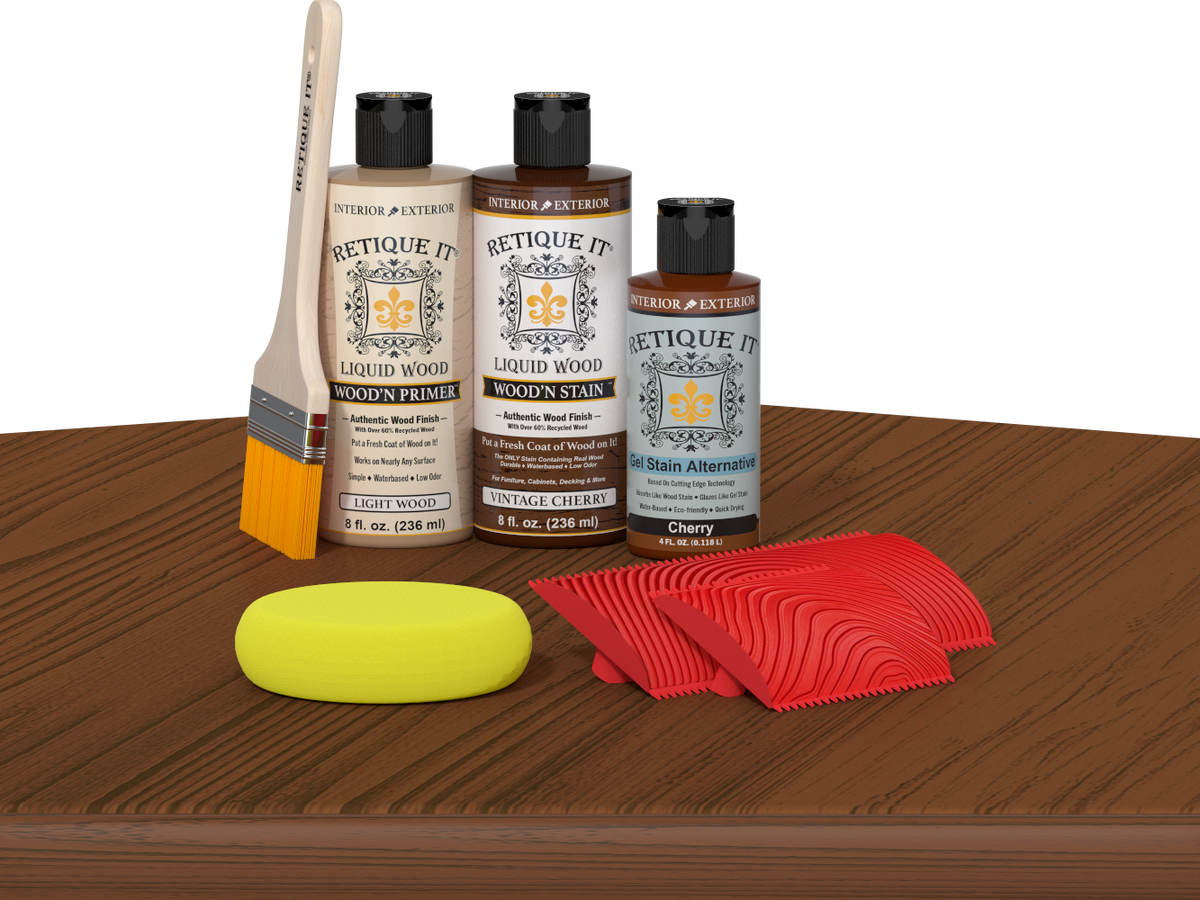 Retique It® Wood'n Finish Kit in Vintage Cherry, a multi-purpose wood finishing kit with a cherry wood finish on a table.