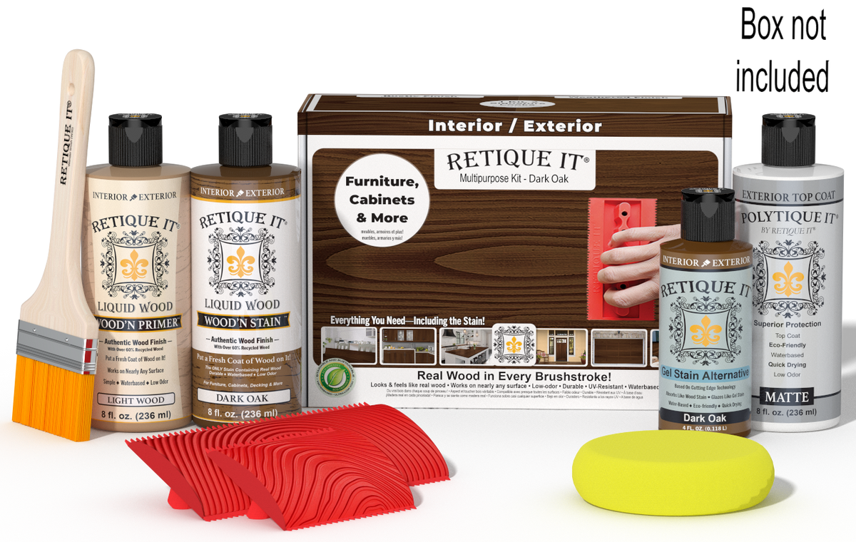 Retique It® Wood'n Finish Kit in Dark Oak for exterior wood, includes top coat and application tools in a boxed set.