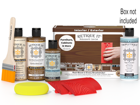 Retique It® Wood'n Finish Kit in Dark Oak with interior top coat, featuring wood finish products and application tools in the box.
