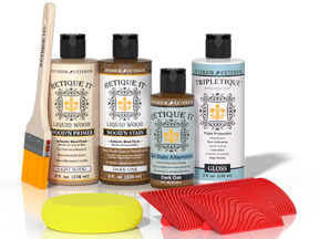 Retique It® Wood'n Finish Kit in Dark Oak with interior top coat, featuring application tools and wood finish components.