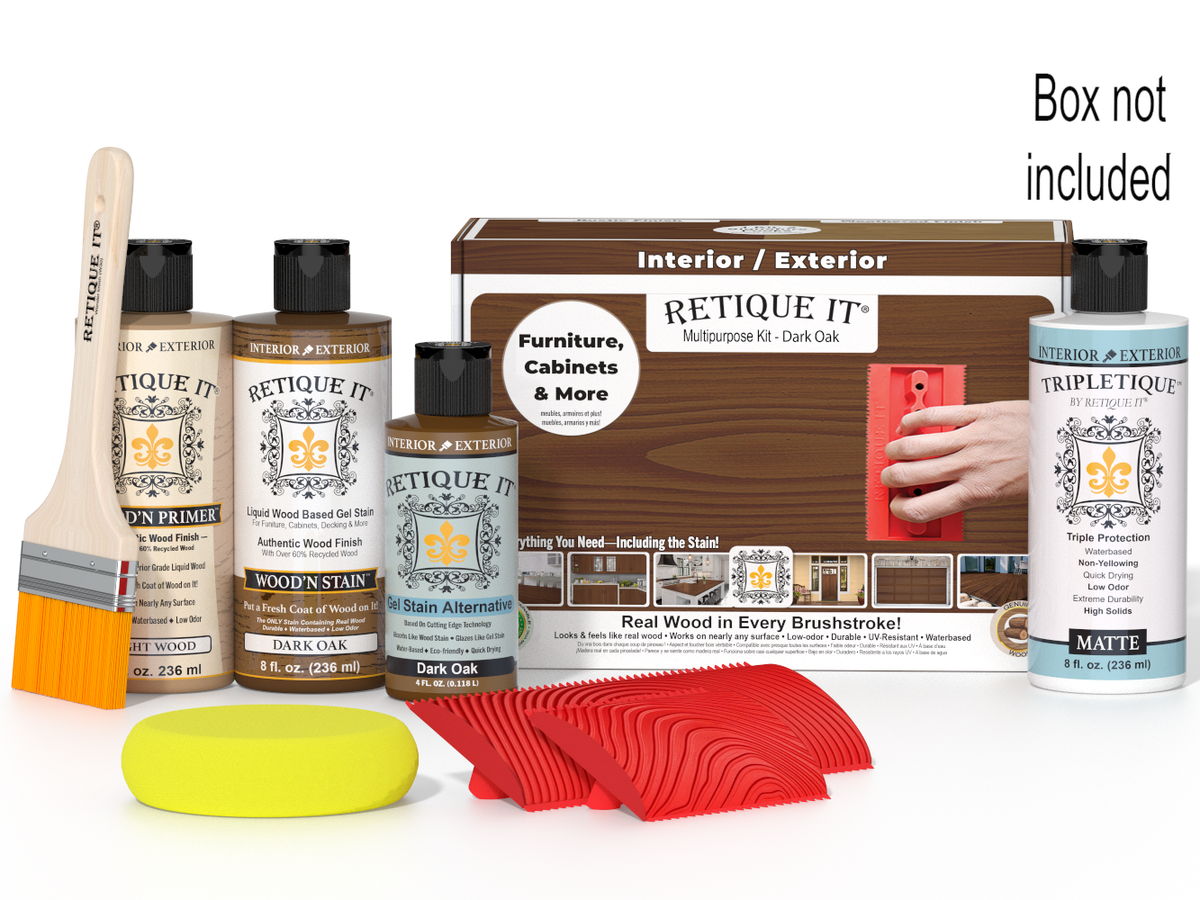 Retique It® Wood'n Finish Kit in Dark Oak for interior top coat application, featuring wood finish products in a box.