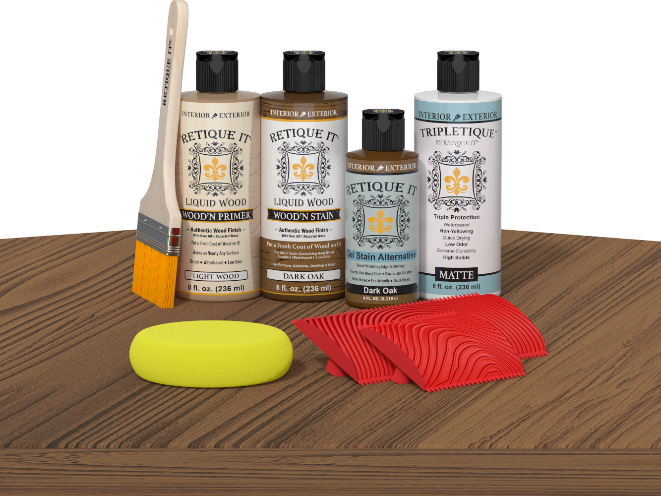 Retique It® Wood'n Finish Kit in Dark Oak for interior top coat, shown on a wooden table with applicator tools.