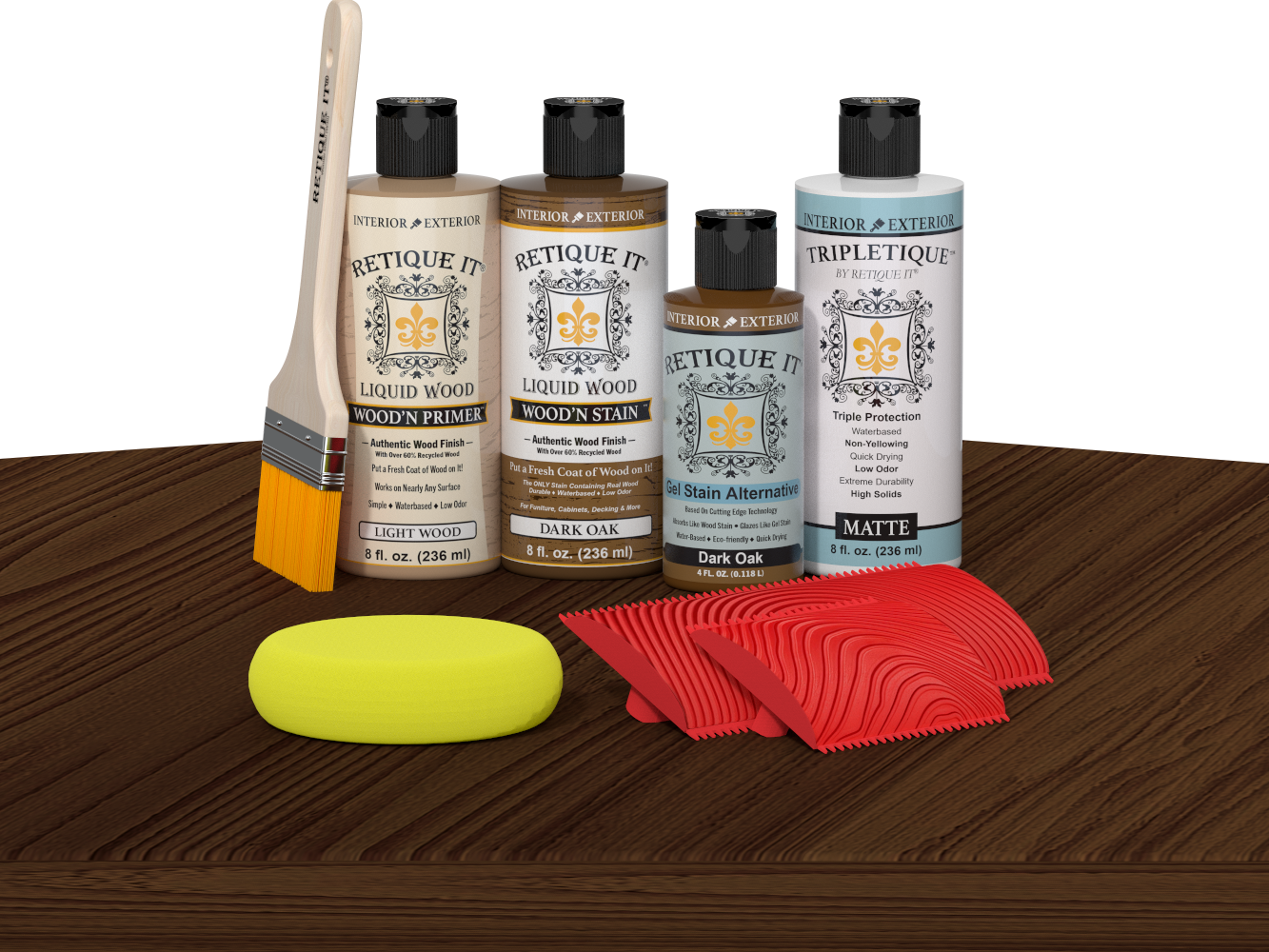Retique It® Wood'n Finish Kit in Dark Oak stain showing a tabletop with dark oak wood finish and application tools.