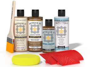 Retique It® Wood'n Finish Kit in Dark Oak stain, showing wood sample with dark oak finish and stain applicator brushes.