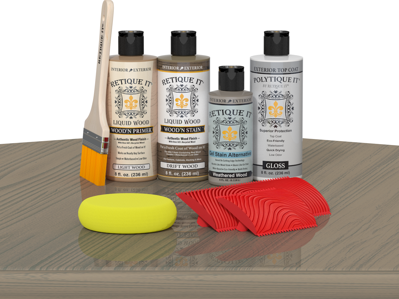 Retique It® Wood'n Finish Kit in Drift Wood with exterior top coat, displayed on a table for multi-purpose wood finishing.