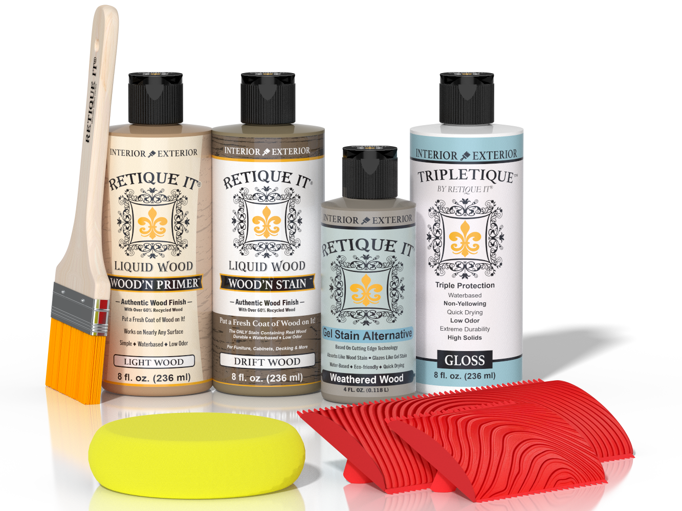 Retique It® Wood'n Finish Kit in Drift Wood for interior top coating, featuring wood finish application tools and sample swatches.