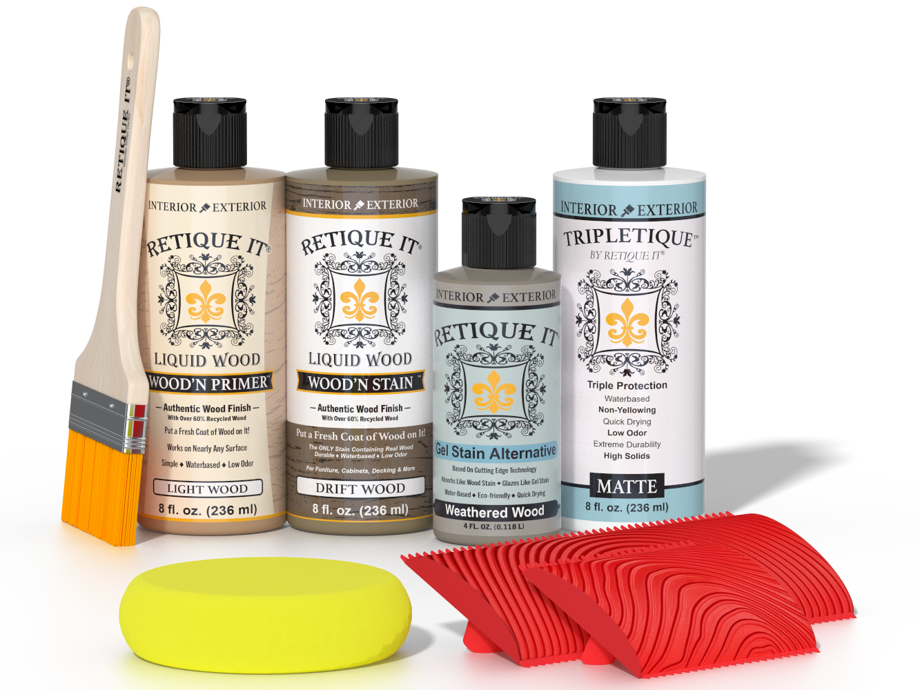 Retique It® Wood'n Finish Kit in Drift Wood with interior top coat, showing labeled components and application tools.