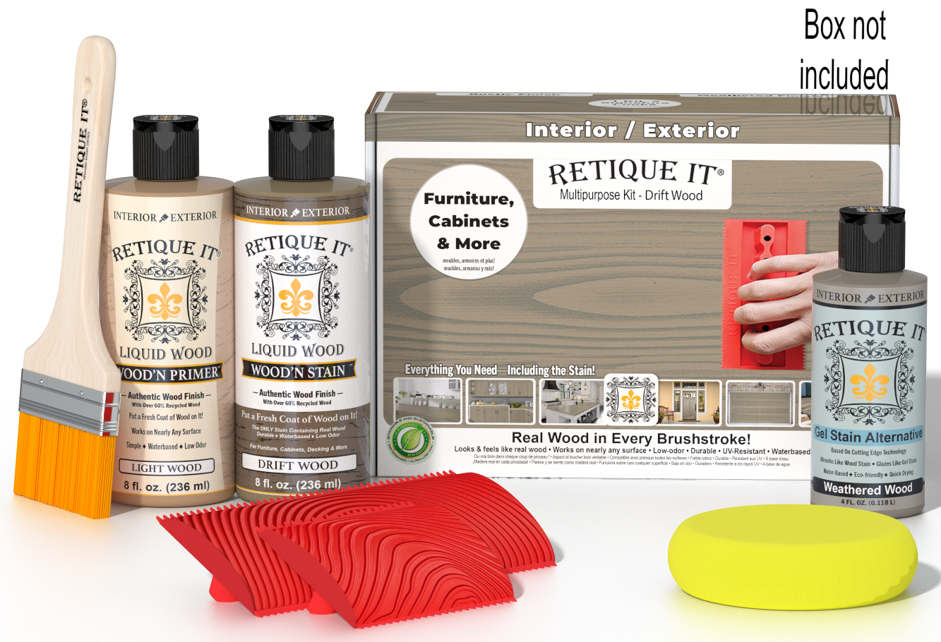 Retique It® Wood'n Finish Kit in Drift Wood showing the multi-purpose kit with wood finish containers and application tools.